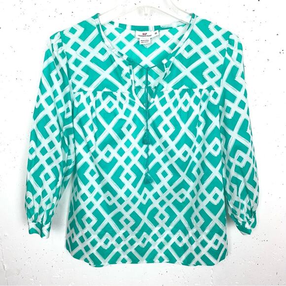Vineyard Vines Diamond Lattice Tunic Blouse V-Neck Drawstring Tassel Green XS - Picture 1 of 8